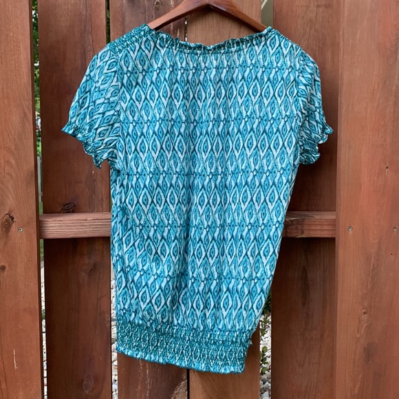 Womens Short Sleeve Geometric Tribal Peasant Top Ties Tassels Size M (8-10) - Picture 9 of 11